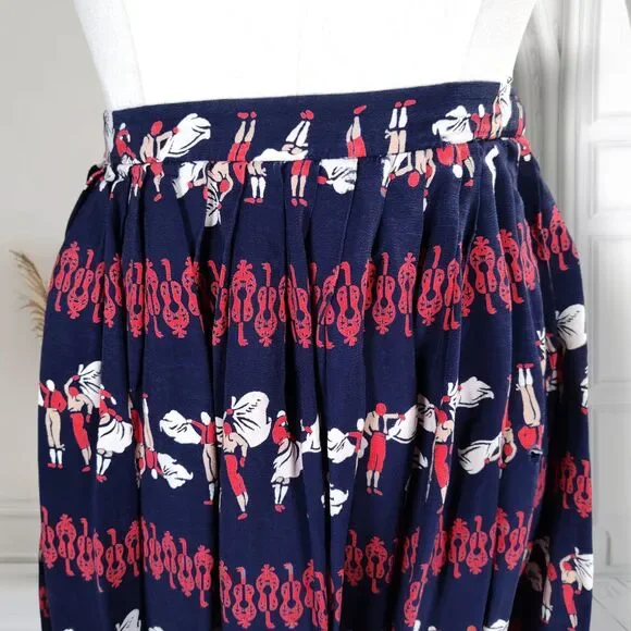 Vintage 50s Full Novelty Print Skirt Size XS Blue Silk Bullfighter Print